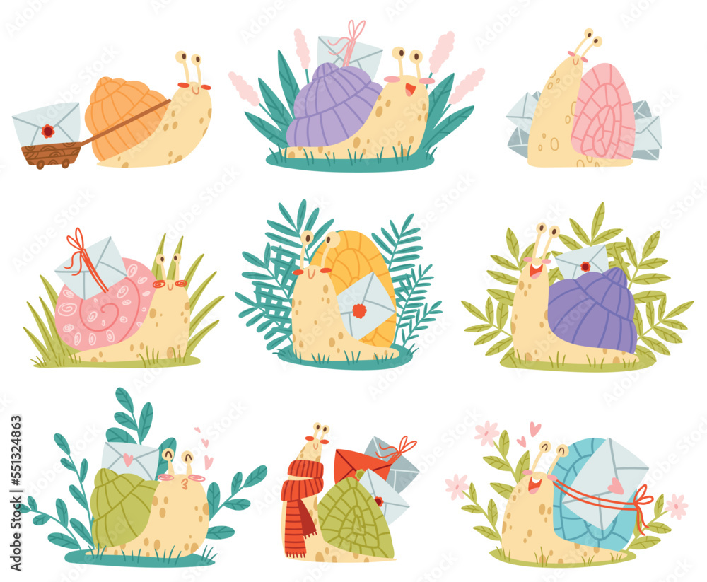 Poster cute snail character with coiled shell carrying envelope on its back vector set