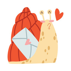 Cute Snail Character with Coiled Shell Carrying Envelope Sending Kiss Vector Illustration