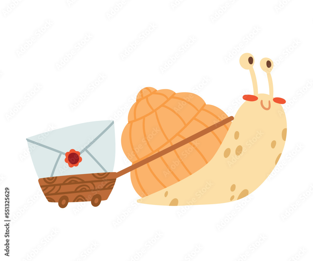 Poster cute snail character with coiled shell pulling trolley with envelope vector illustration