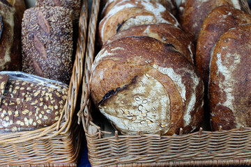 Freshly baked rustic bread loaves in basket