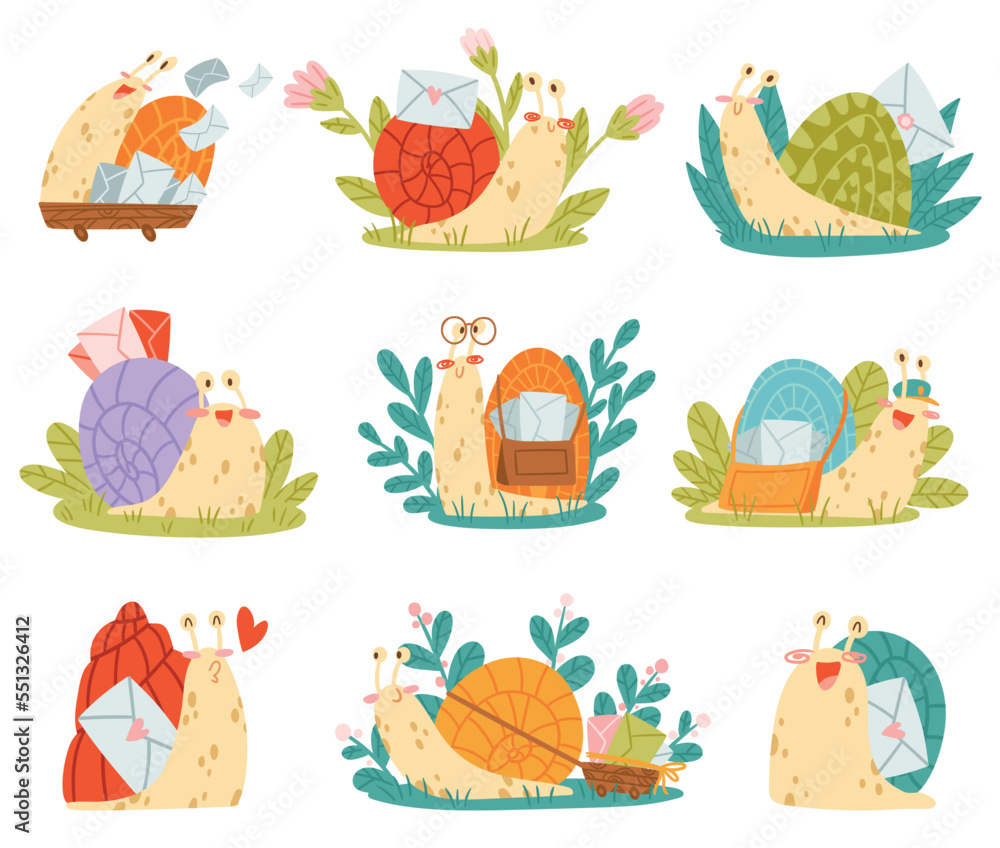 Poster cute snail character with coiled shell carrying envelope on its back vector set