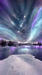 Magical aurora lights on the sky in purple and blue colors, digital illustration, Christmas and New Year card background 