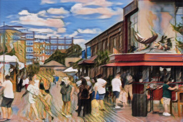 Digital painting of the Havenwelten district in Bremerhaven, Germany, abstract street scene, people at a food booth enjoying the sunny weather