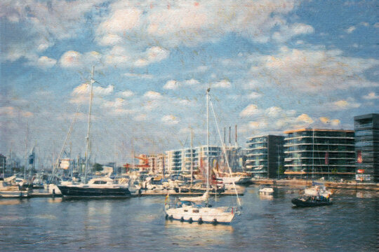 Digital painting of the yacht harbor in Bremerhaven, Germany, impressionism