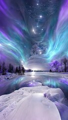 Magical aurora lights on the sky in purple and blue colors, winter wonderland landscape, Christmas and New Year card background 