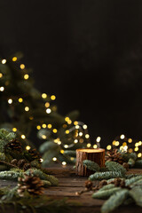 Merry Christmas! Festive natural background, small Christmas forest, in the background the light of the garland. Place for text. Selective focus. - obrazy, fototapety, plakaty
