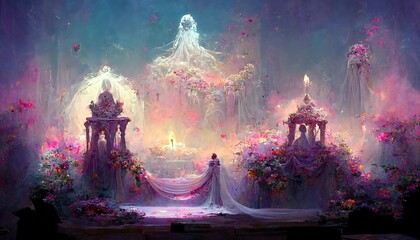 Obraz premium Colorful fantasy wedding ceremony altar design illustration