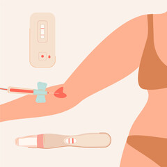 Blood test and pregnancy test concept. Urine sample analyzing kit. Trendy hand-drawn vector flat cartoon illustration.
