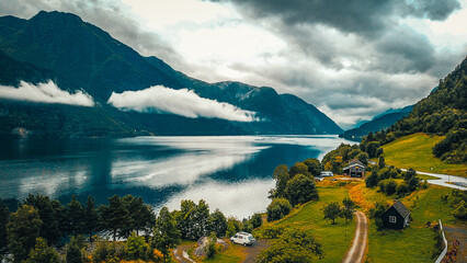 View to fjord and water from drone in Norway
