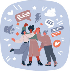 Vector illustration of Celebrating Group of young woman are sharing high five together. Team together