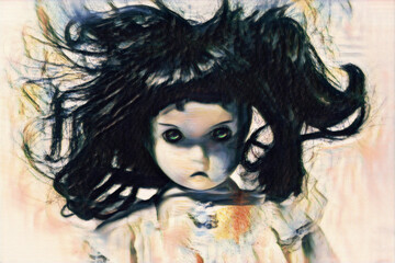 Obraz na płótnie Canvas Closeup portrait of creepy horror doll with painting effect and canvas texture