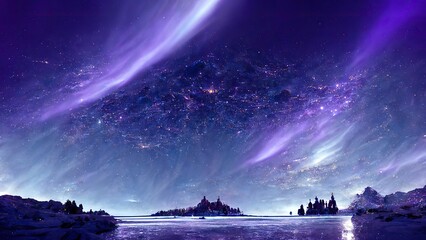 Purple aurora over the sea, winter landscape covered with snow, Christmas wallpaper