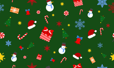 Horizontal illustration with Christmas elements. On a green background there are New Year's gifts, sweets, snowflakes, gold stars, a snowman, a cap. Beautiful holiday pattern for packaging