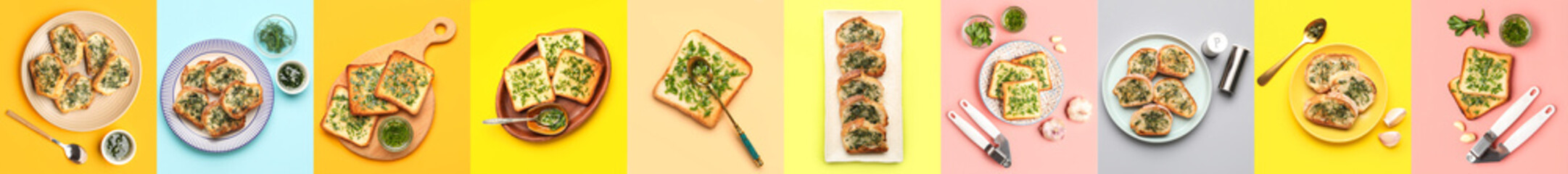 Set of tasty toasted garlic bread with herbs on color background