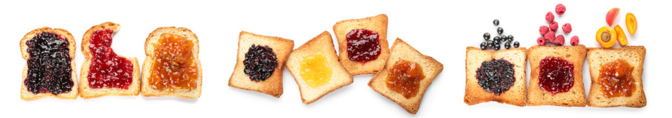 Collage of sweet toasted bread with jams on white background