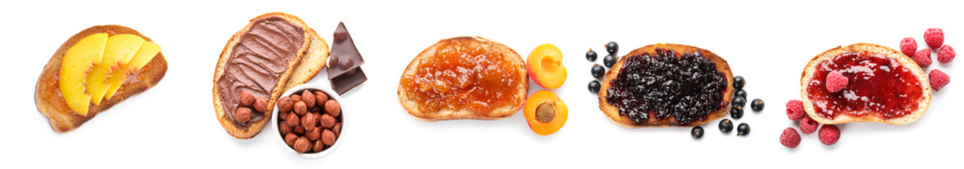 Collage of sweet toasted bread with jams and chocolate hazelnut paste on white background