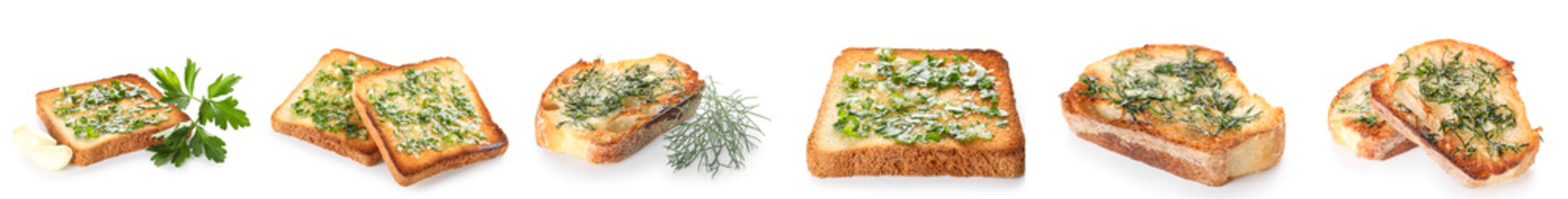 Collage of toasted garlic bread with herbs on white background