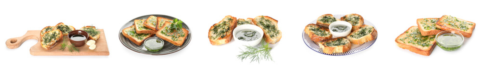 Set of toasted garlic bread with herbs on white background