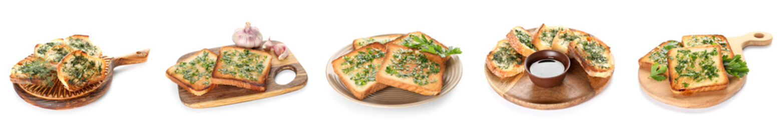 Collection of toasted garlic bread with herbs on white background