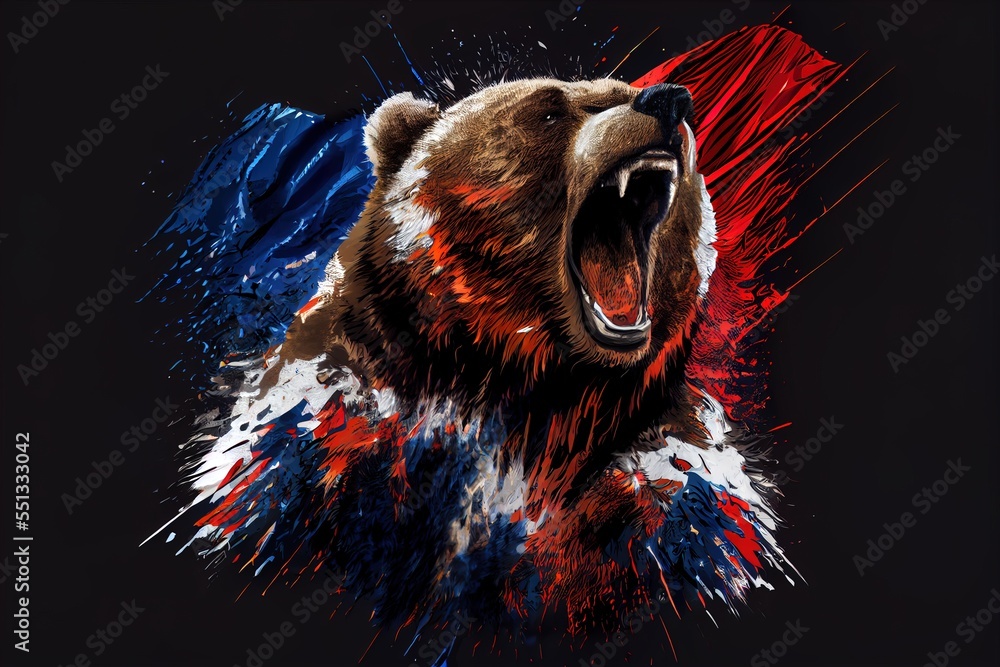 Poster a bear with its mouth open and its mouth wide open with a red. generative ai