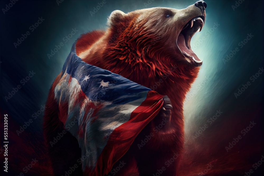 Poster a bear with a flag on its back and mouth open and it's mouth wide open. generative ai