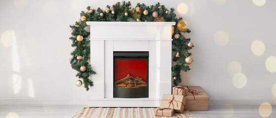 Fireplace with Christmas decoration and presents near light wall in room