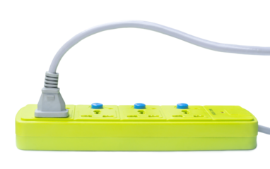 Green socket and white electric power plug with line isolated on white background with clipping path in png file format. Concept of power use in residence, office or home with safety and saving