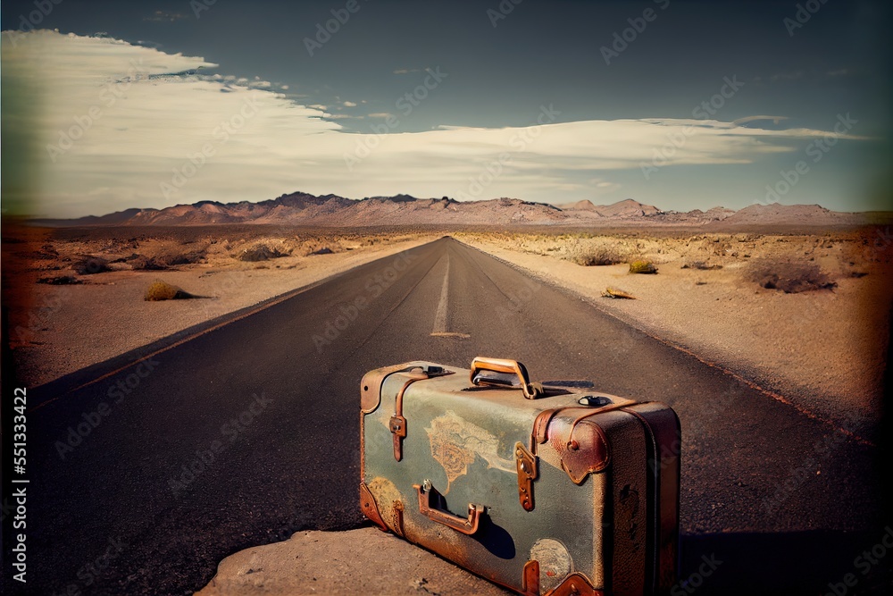 Poster a suitcase sitting on the side of a road in the desert with mountains in the background and a sky wi