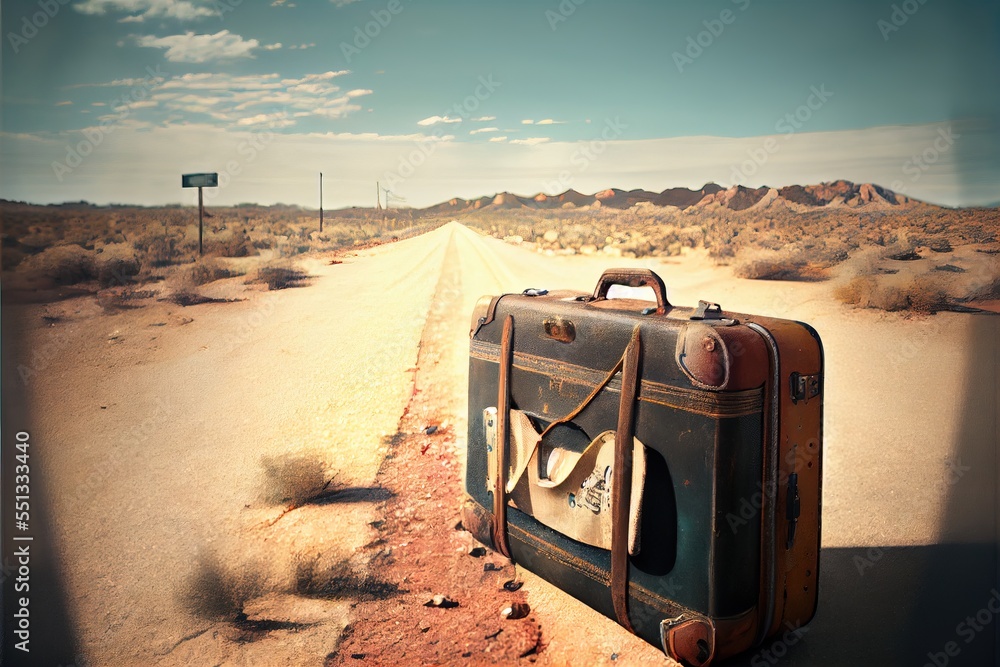 Poster a suitcase sitting on the side of a road in the desert with a sign in the background that says no wh