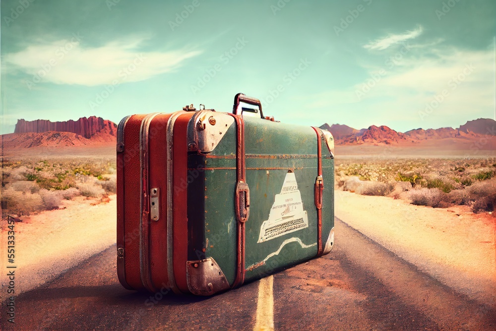 Poster a suitcase sitting on the side of a road in the desert with mountains in the background and a sky wi