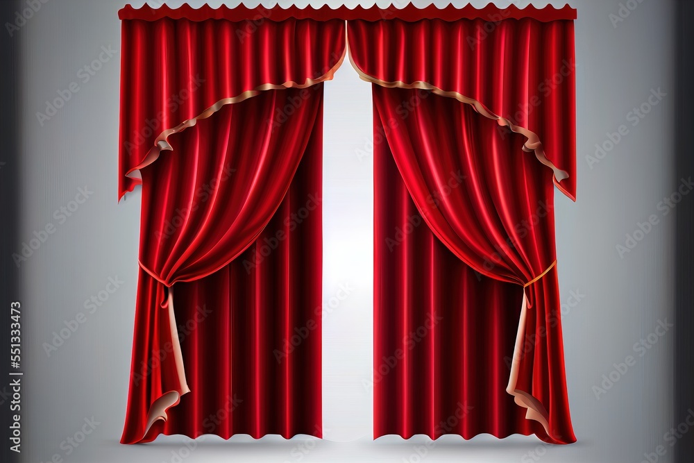 Poster a red curtain with a gold trim and a white background with a window curtain with a curtain valance. 