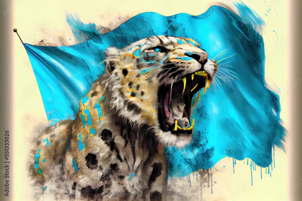 Poster a painting of a leopard with a blue flag in the background and a yellow and black flag in the foregr