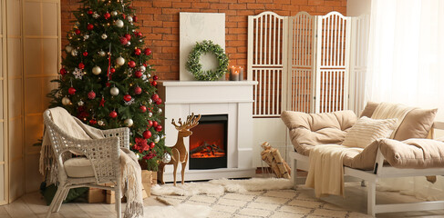 Interior of modern living room with fireplace and Christmas tree