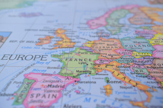 France Travel Concept Country Name On The Political World Map Very Macro Close-Up View Stock Photograph