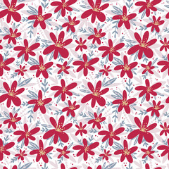 Pattern with simple flowers in flat style. Bright background with magenta daisies.