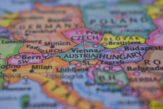 Vienna Travel Concept Country Name On The Political World Map Very Macro Close-Up View Stock Photograph