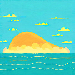 Fototapeta na wymiar Digital art painting - sea and mountains tropical landscape. Simple forms illustration. Graphic drawing paradise resort in pastel colors.