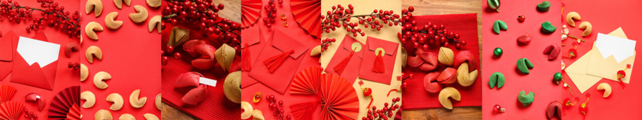 Festive collage with Chinese cookies and envelopes on color background