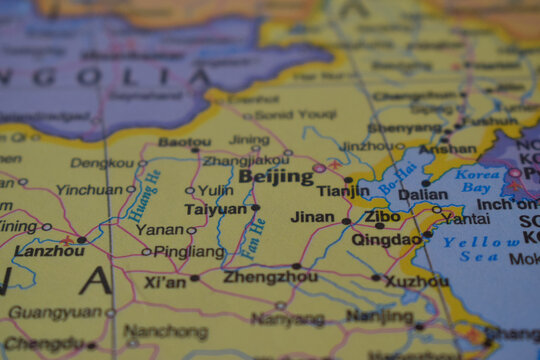Beijing Travel Concept Country Name On The Political World Map Very Macro Close-Up View Stock Photograph