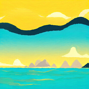 Digital art painting - sea and mountains tropical landscape. Simple forms illustration. Graphic drawing paradise resort in pastel colors. © Avgustus