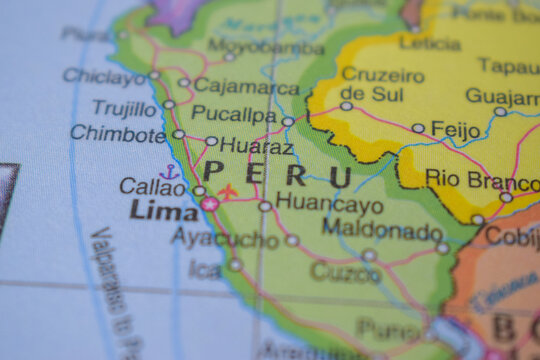 Peru Travel Concept Country Name On The Political World Map Very Macro Close-Up View Stock Photograph