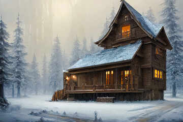 Wooden house in a snowy forest.