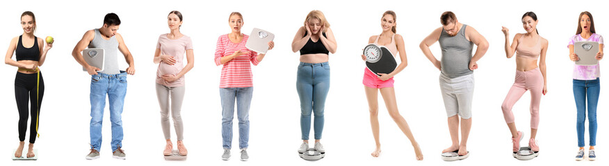 Set of people with weight scales isolated on white