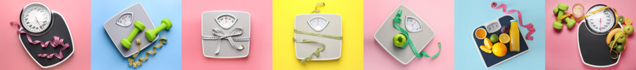 Collage with weight scales, measuring tapes, healthy food and dumbbells on color background....