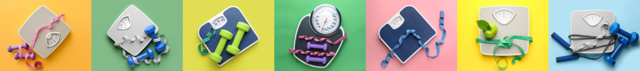 Collage with weight scales, measuring tapes and dumbbells on color background. Slimming concept
