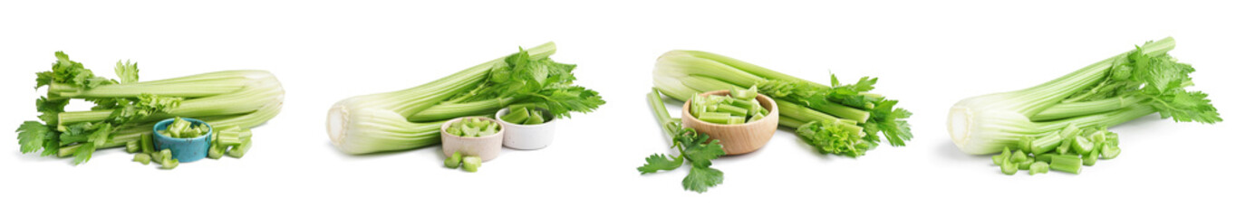 Collage of fresh green celery on white background