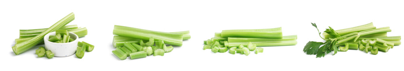 Collage of crunchy green celery on white background