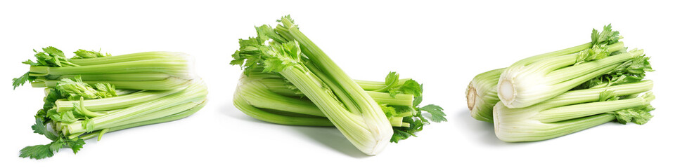 Collage of fresh celery on white background