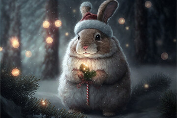 Little tiny bunny dressed up as Santa claus on snowing and christmas tree background.