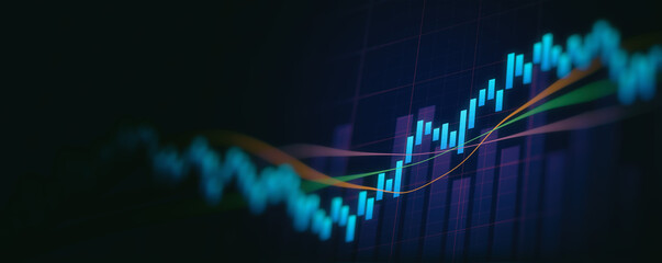 Financial graph with up trend line candlestick chart in stock market on neon color Widescreen background
